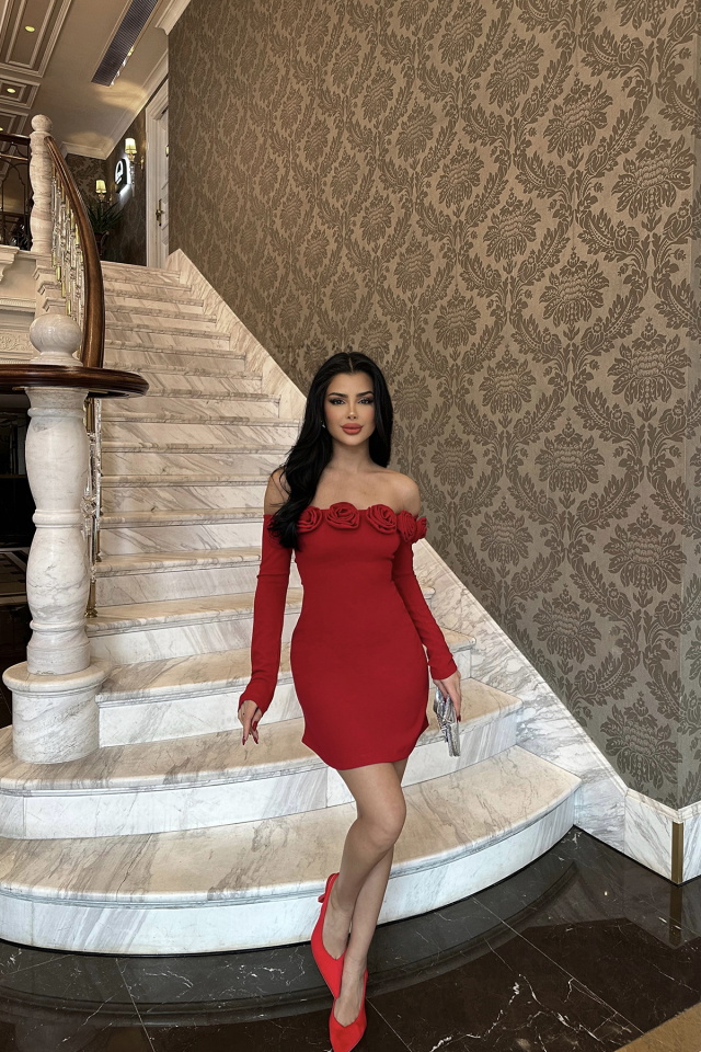 Rose Kırmızı Güllü Mini Elbise ATE-0839 - 3