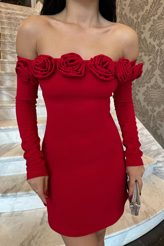 Rose Kırmızı Güllü Mini Elbise ATE-0839 - 2