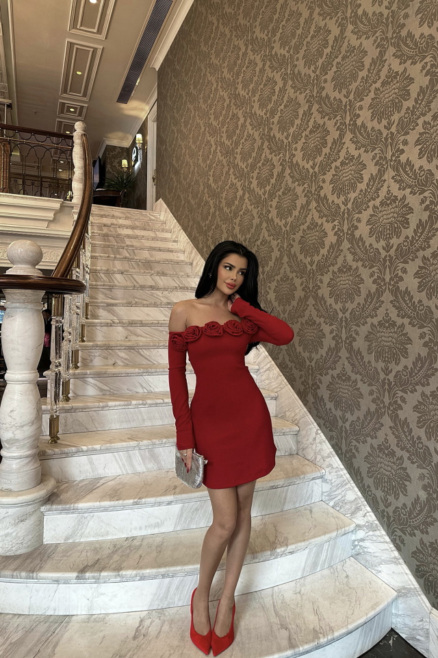 Rose Kırmızı Güllü Mini Elbise ATE-0839 - 4