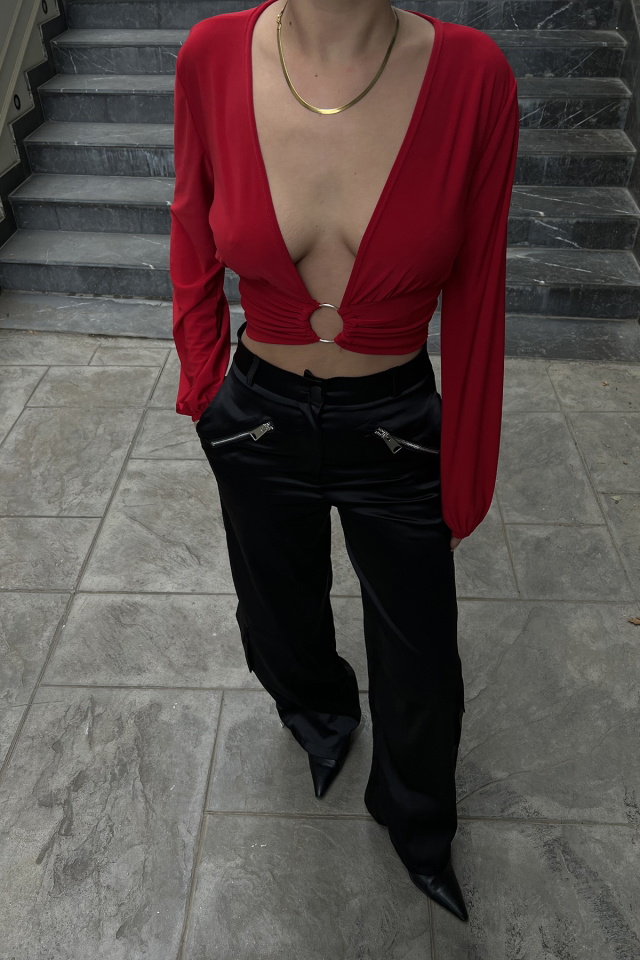 Kırmızı Halka Detay Crop Top ATE3678 - 2