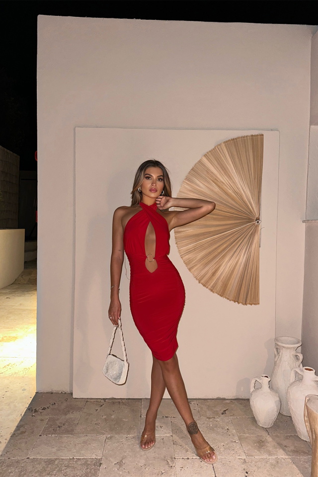 Kırmızı Halka Detay Mini Elbise ATE7498 