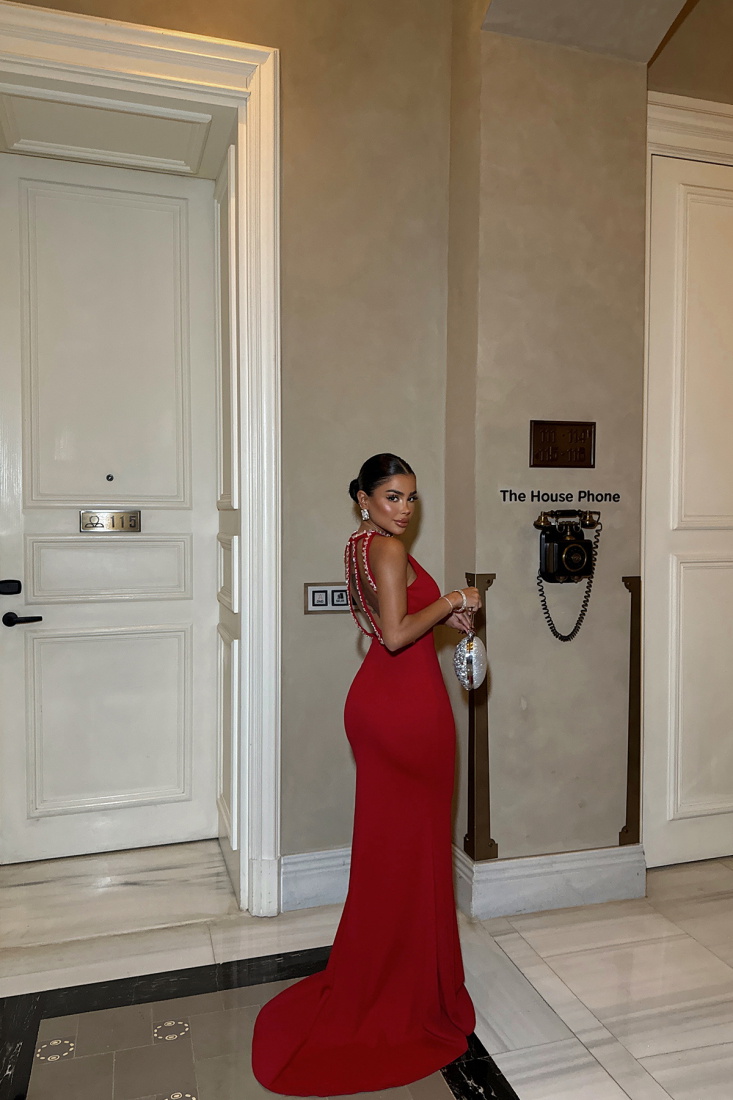 Kırmızı Taş Detay Uzun Elbise ATE-1554 - EYYO