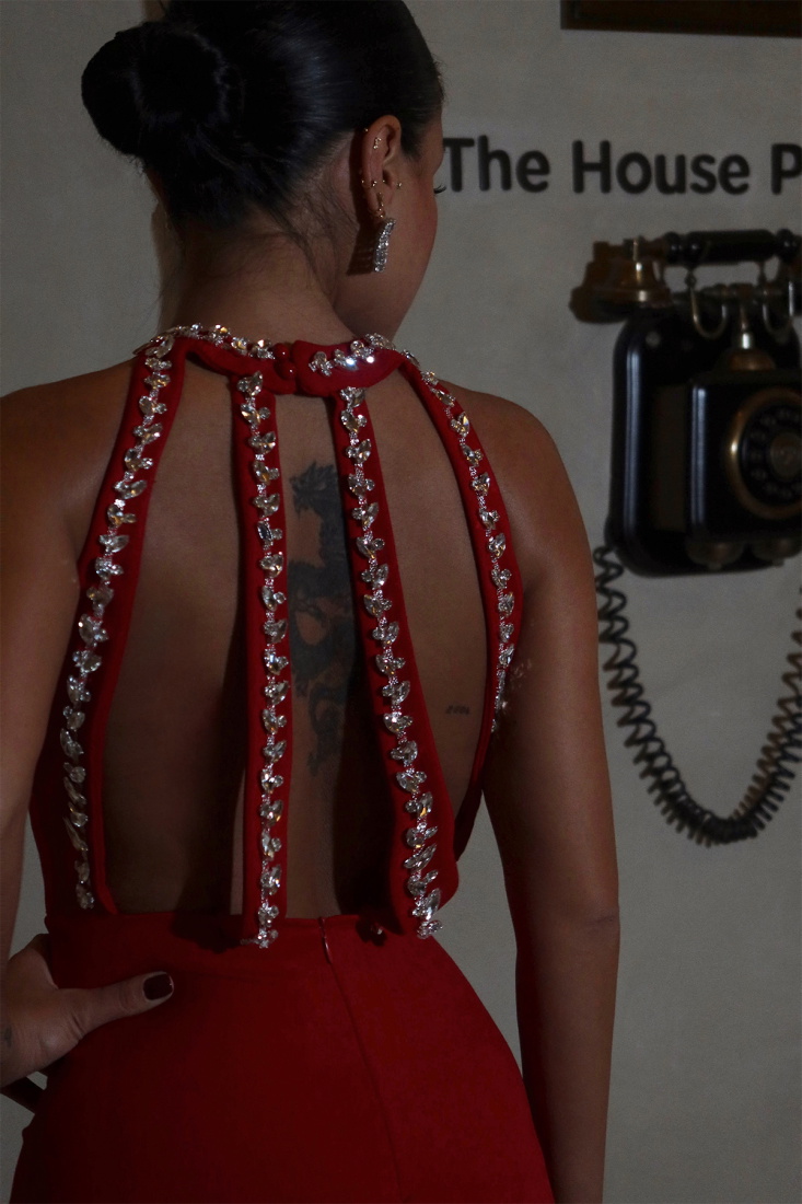 Kırmızı Taş Detay Uzun Elbise ATE-1554 - EYYO