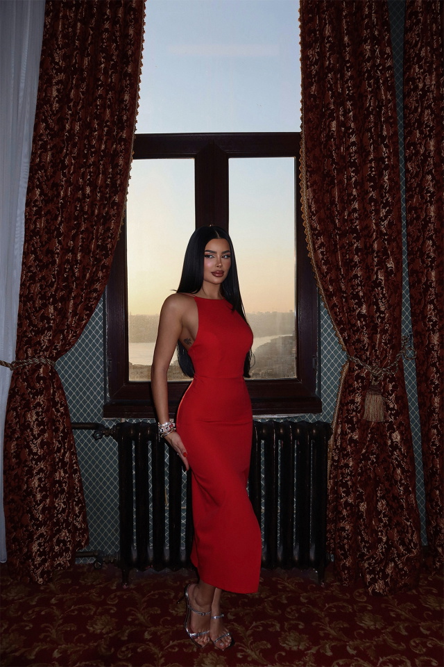 Kırmızı Rowena Yırtmaç Detaylı Kalem Elbise ATE-1529 - 4
