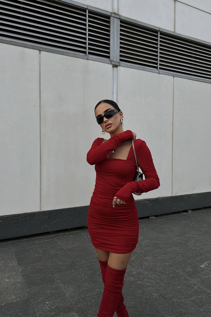 Kırmızı Kare Yaka Büzgülü Elbise ATE2364 - EYYO