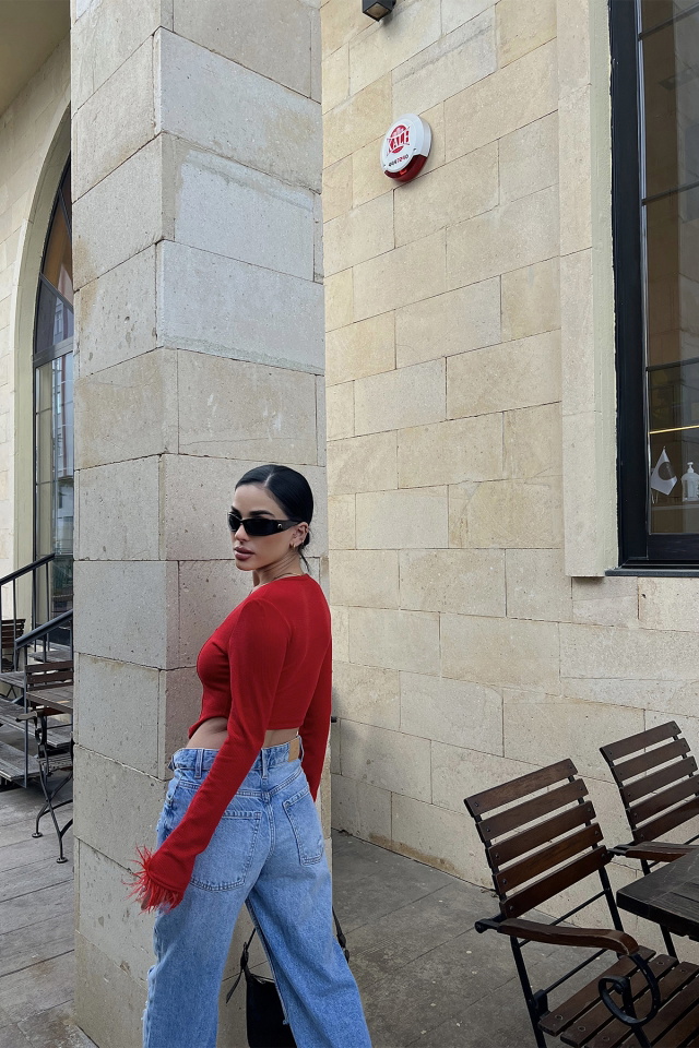 Kırmızı Kare Yaka Crop Top ATE3691