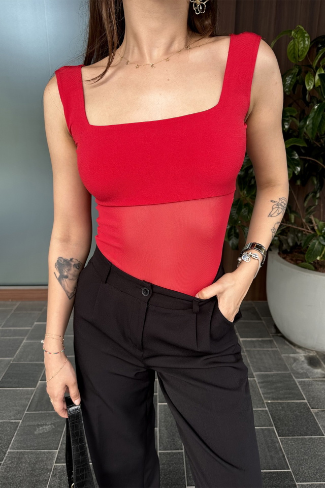 Kırmızı Kare Yaka Tül Bodysuit ATE7421 - 2