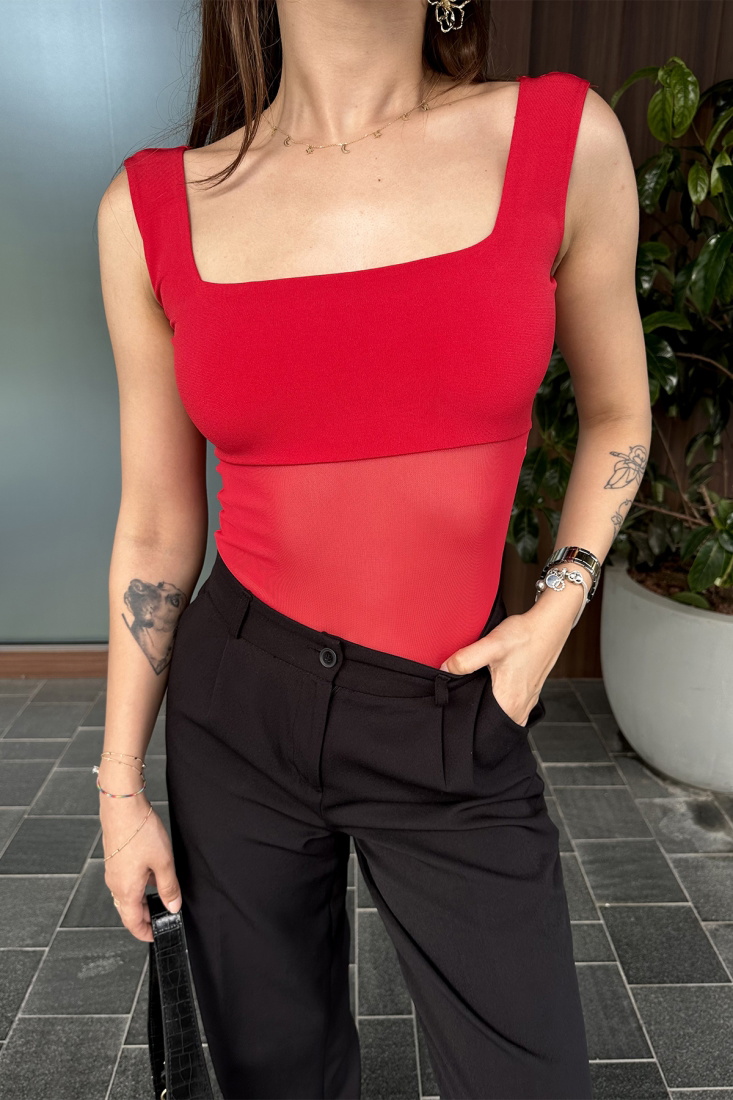 Kırmızı Kare Yaka Tül Bodysuit ATE7421 - EYYO