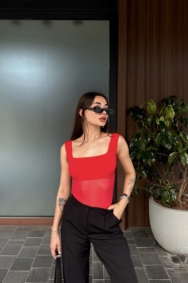 Kırmızı Kare Yaka Tül Bodysuit ATE7421 - EYYO