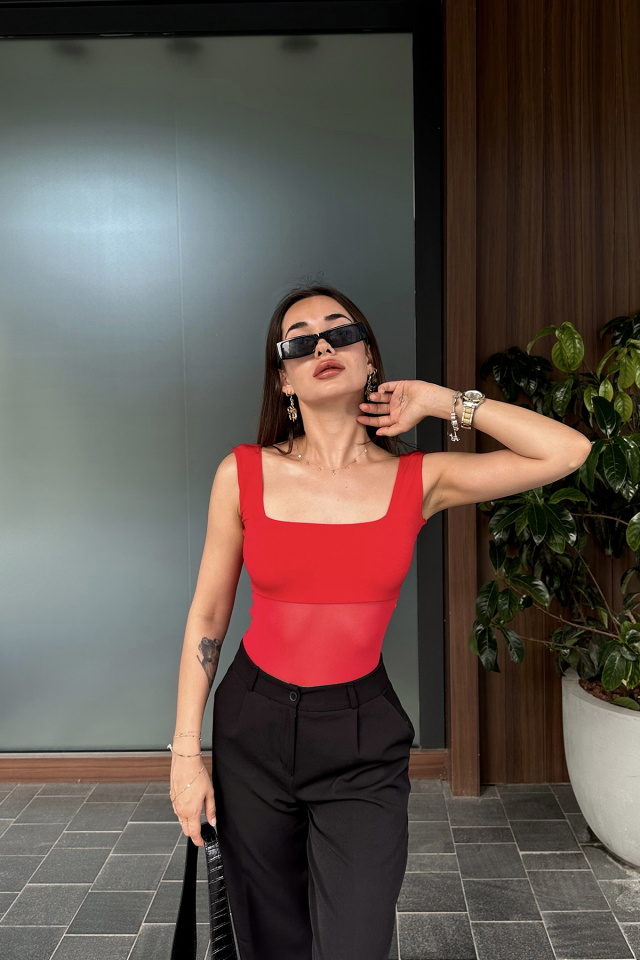 Kırmızı Kare Yaka Tül Bodysuit ATE7421 - 3