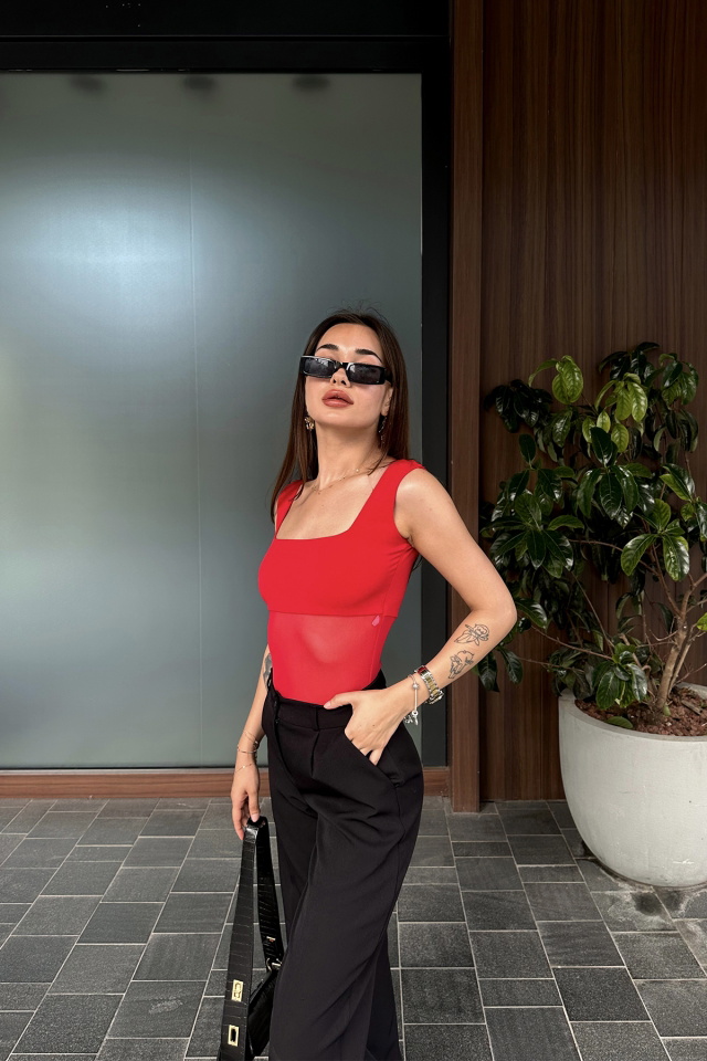 Kırmızı Kare Yaka Tül Bodysuit ATE7421 - 4