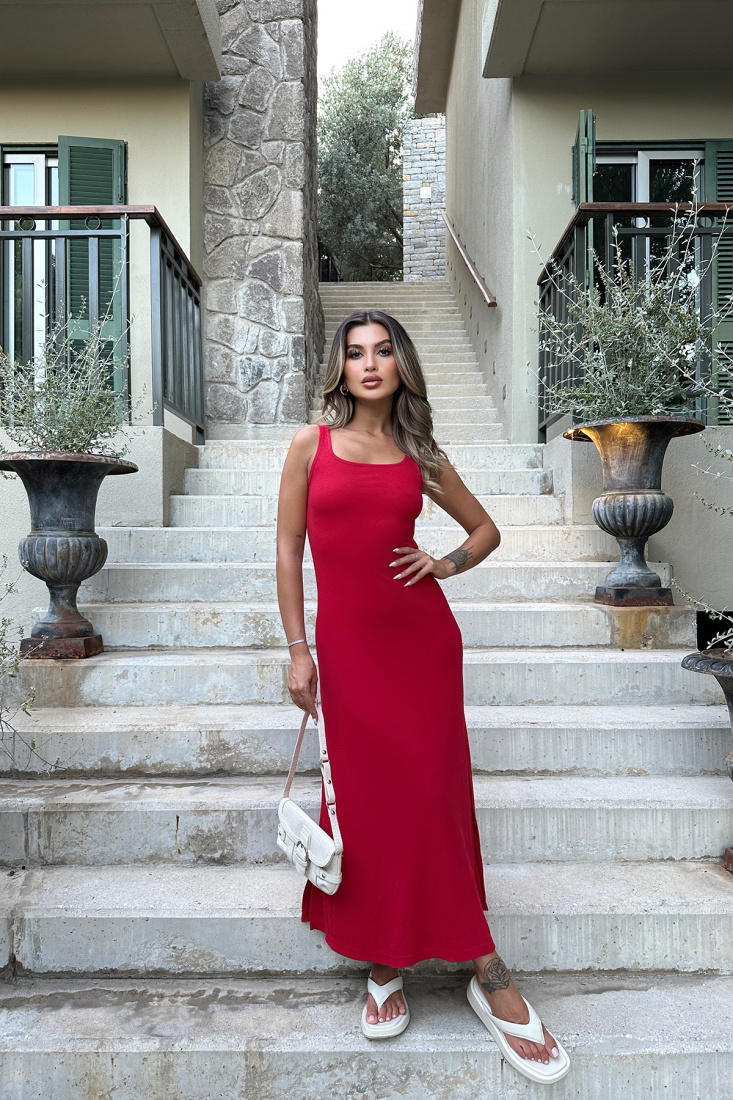 Kırmızı Kare Yaka Uzun Elbise ATE7348 - EYYO