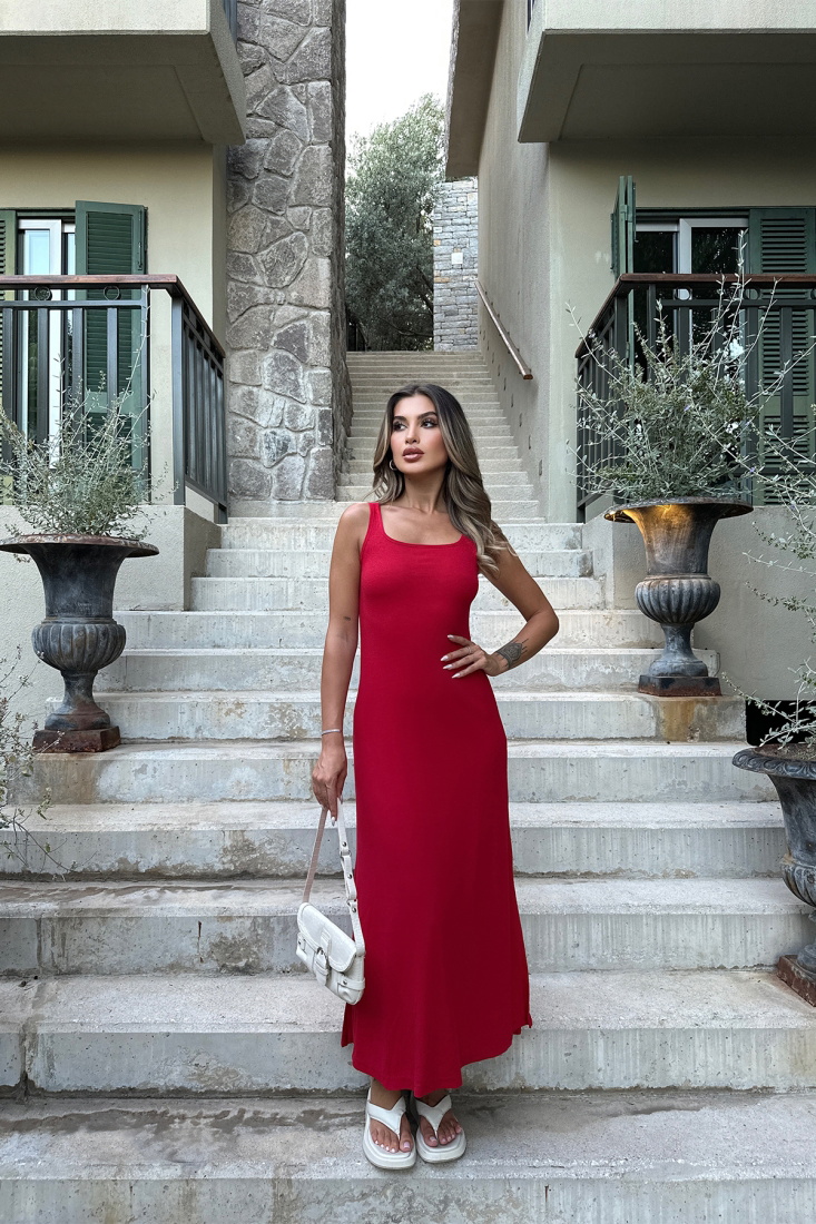 Kırmızı Kare Yaka Uzun Elbise ATE7348 - EYYO