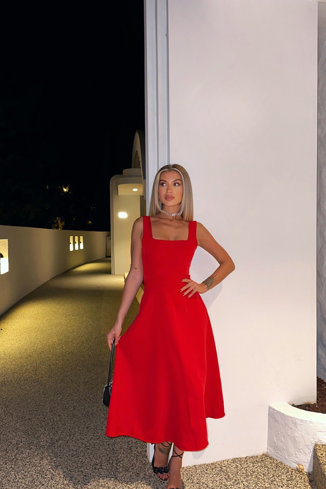 Kırmızı Kare Yaka Uzun Elbise ATE7718 