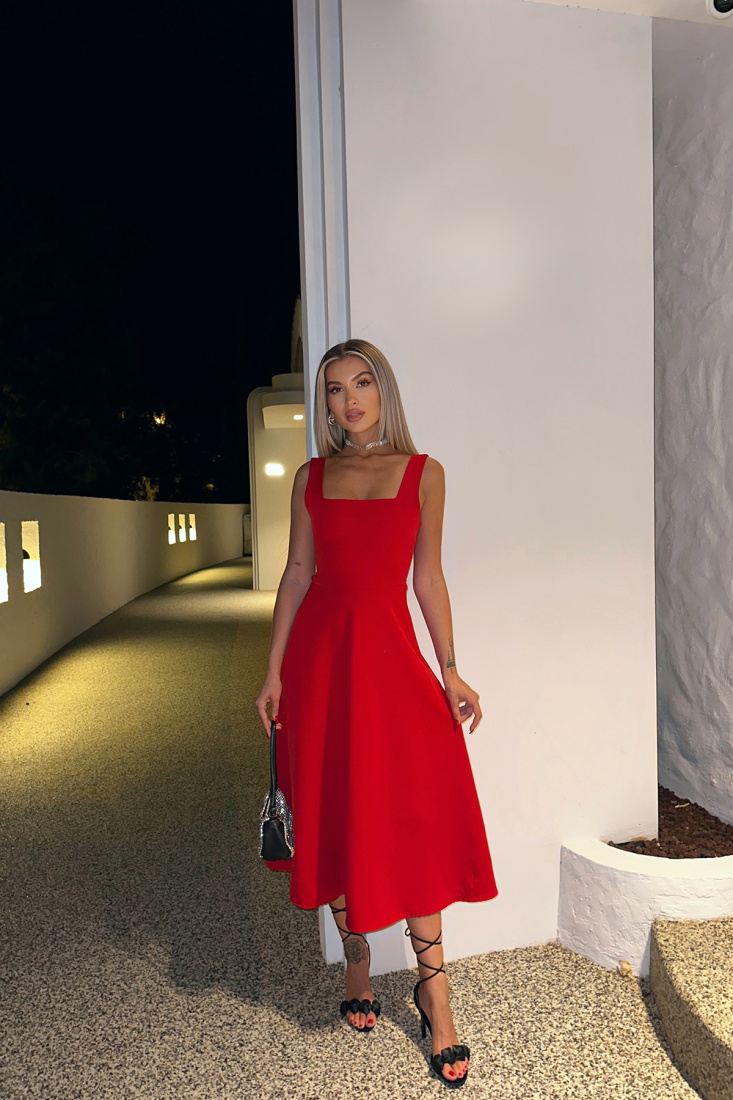 Kırmızı Kare Yaka Uzun Elbise ATE7718 - EYYO