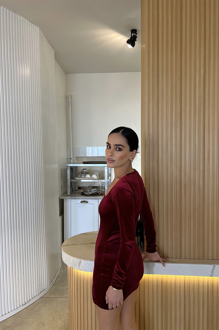 Kırmızı kare Yaka Yırtmaç Detay Elbise ATE2866 - EYYO