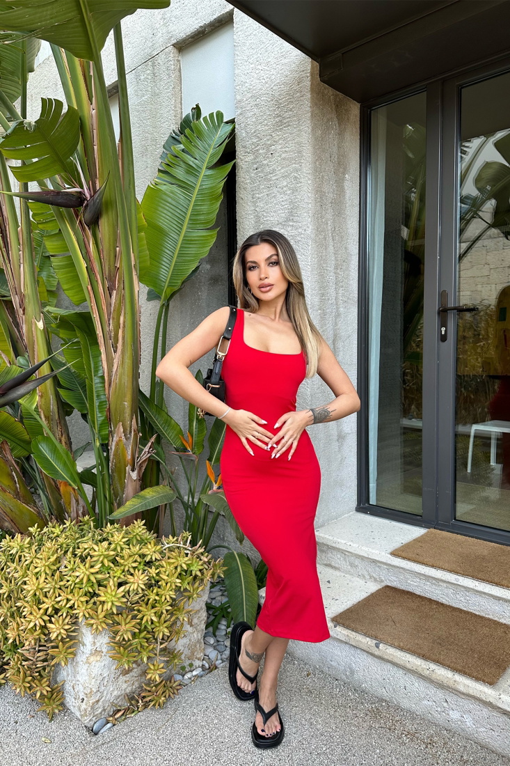 Kırmızı Kare Yaka Yırtmaç Detay Elbise ATE4837 - EYYO