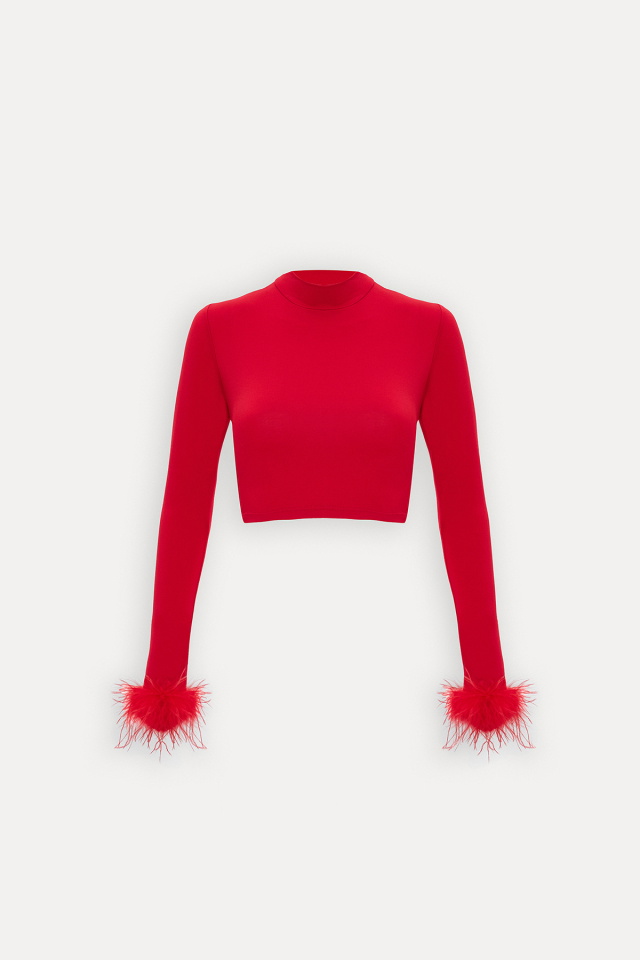 Kırmızı Genji Tüy Detay Bluz ATE-1612 - 6