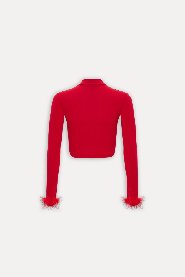 Kırmızı Genji Tüy Detay Bluz ATE-1612 - 7