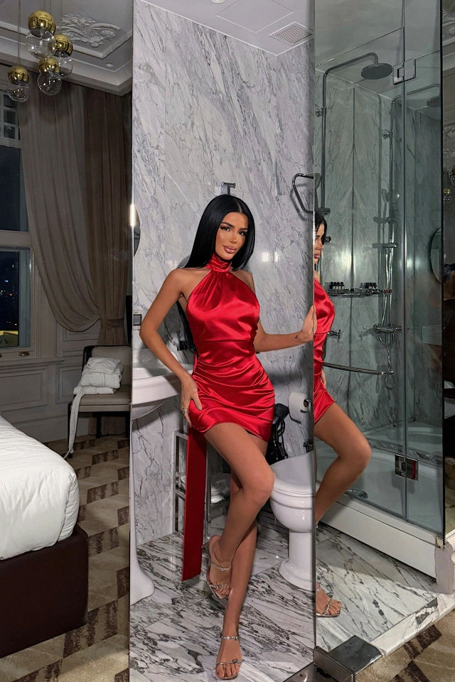 Kırmızı Safety Saten Mini Elbise ATE-4577 