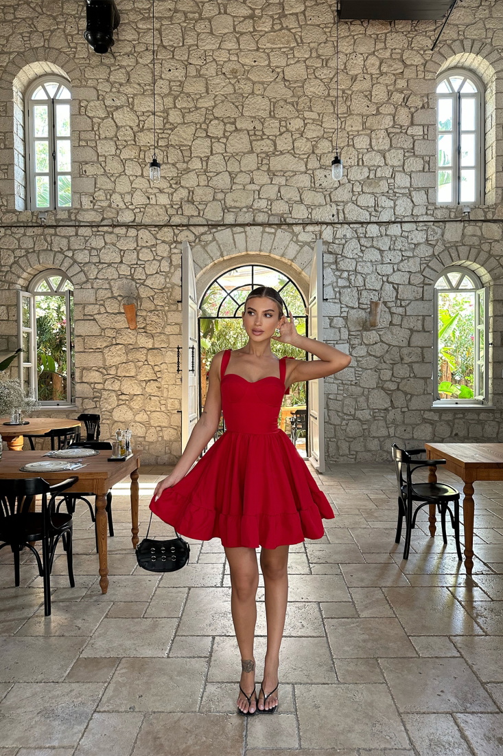 Kırmızı Omuzu Bağlamalı Mini Elbise ATE7595 - EYYO