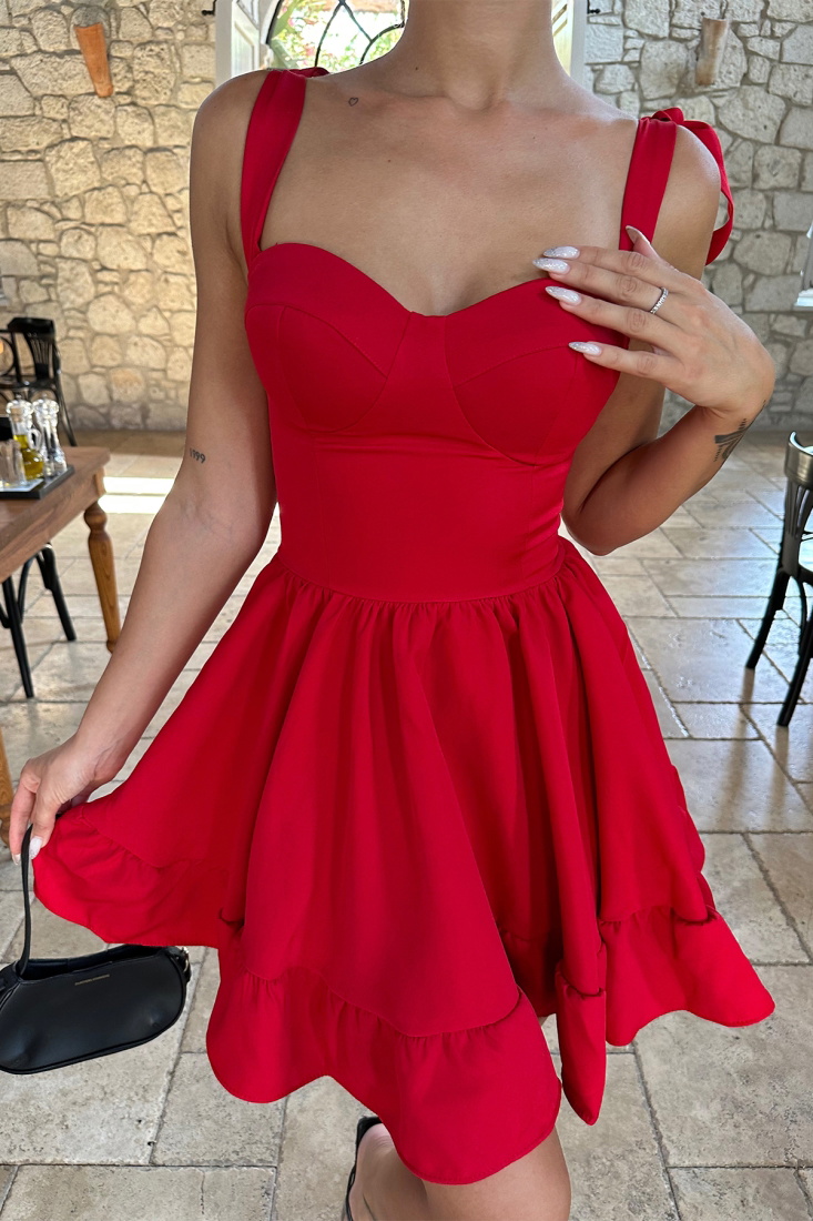 Kırmızı Omuzu Bağlamalı Mini Elbise ATE7595 - EYYO