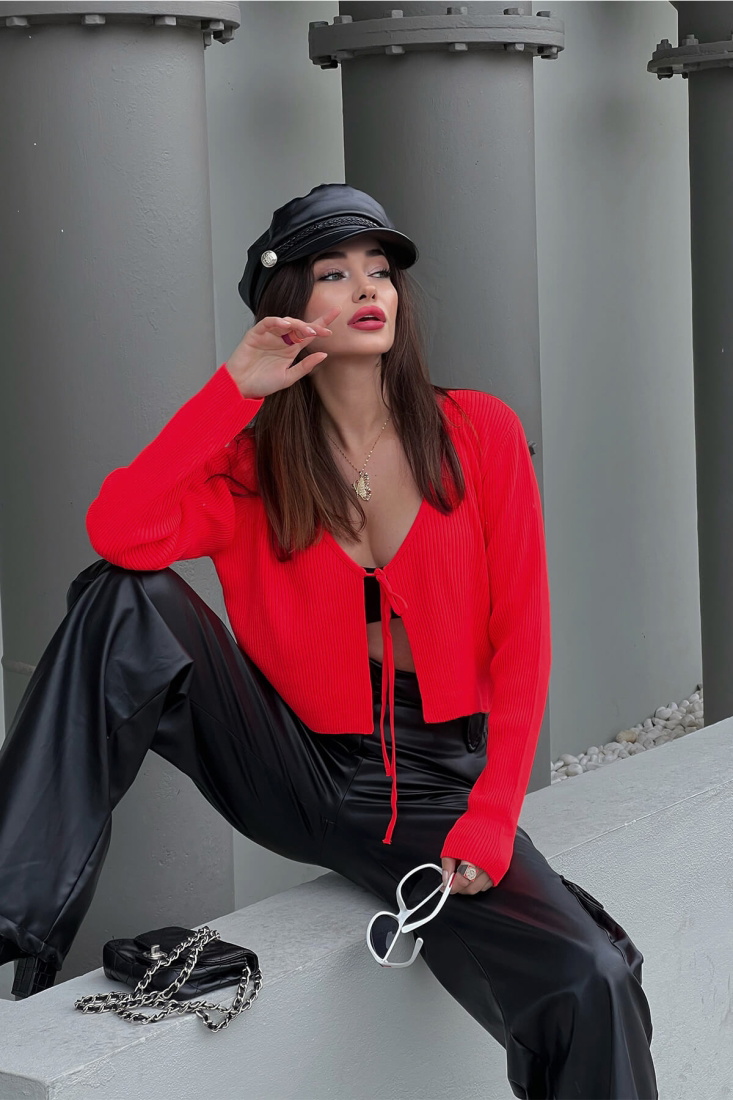 Kırmızı Önden Bağlamalı Crop Hırka ATE2861 - EYYO