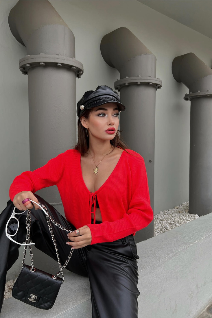 Kırmızı Önden Bağlamalı Crop Hırka ATE2861 - EYYO