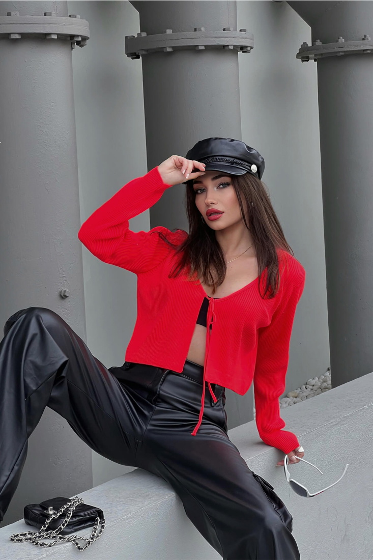 Kırmızı Önden Bağlamalı Crop Hırka ATE2861 - EYYO