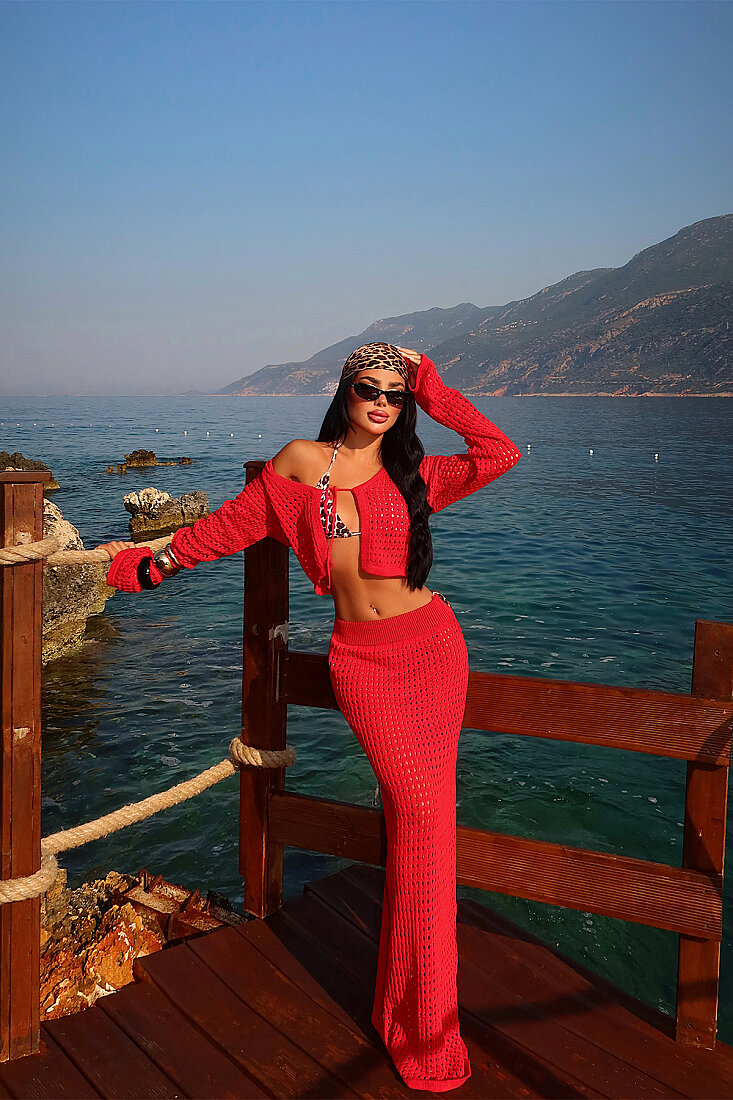 Kırmızı Önden Bağlamalı Etekli Takım ATE-5204 - EYYO