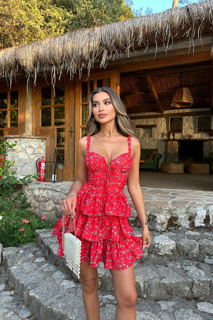 Kırmızı Önden Bağlamalı Mini Elbise ATE7214 - EYYO