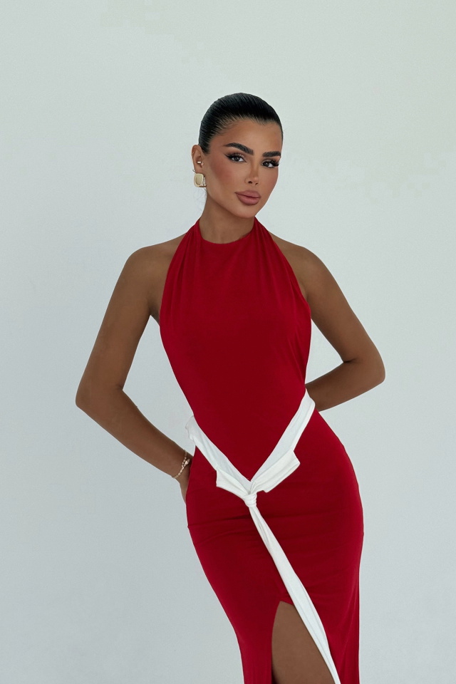 Kırmızı Giselle Fiyonk Detaylı Yırtmaçlı Elbise ATE-3023 - 2