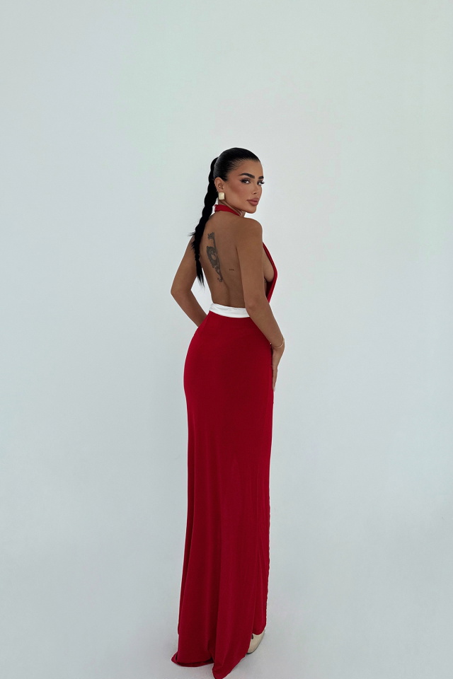 Kırmızı Giselle Fiyonk Detaylı Yırtmaçlı Elbise ATE-3023 - 3