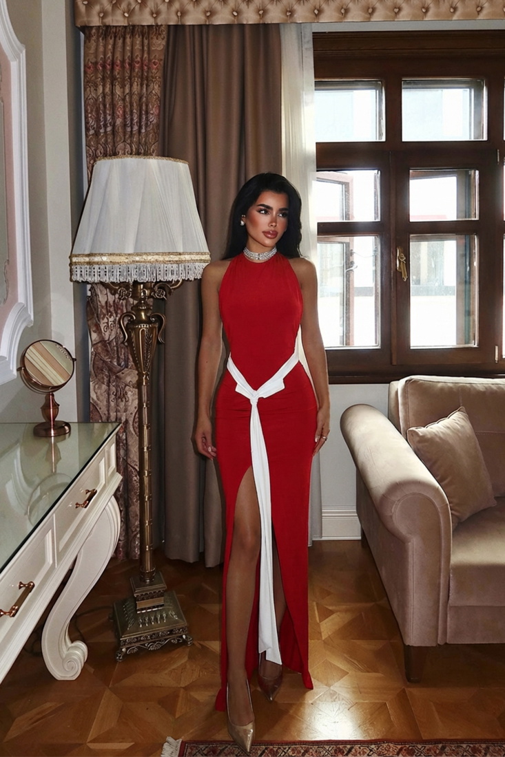 Kırmızı Giselle Fiyonk Detaylı Yırtmaçlı Elbise ATE-3023 - EYYO