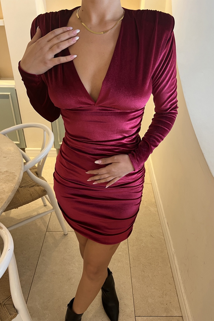 Kırmızı Önü Büzgülü Midi Elbise ATE2870 - EYYO