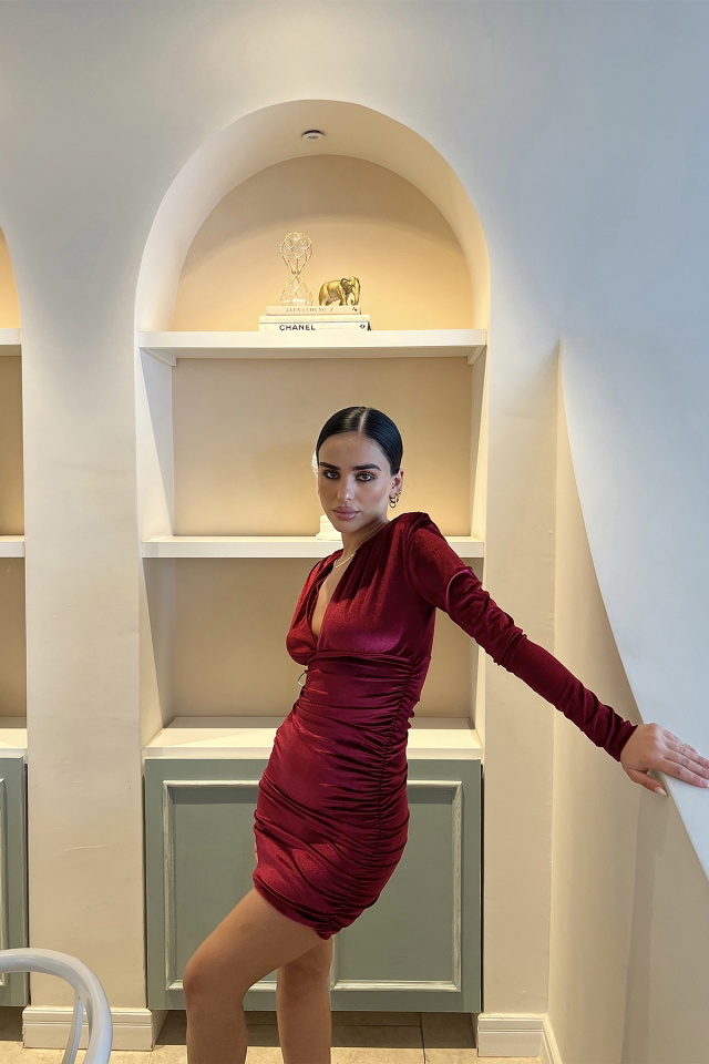 Kırmızı Önü Büzgülü Midi Elbise ATE2870 - 3