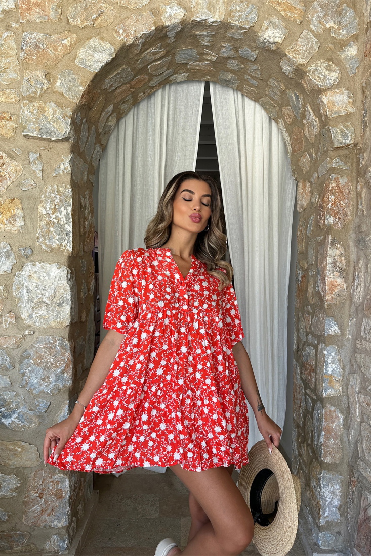 Kırmızı Önü Düğmeli Mini Elbise ATE7246 - EYYO