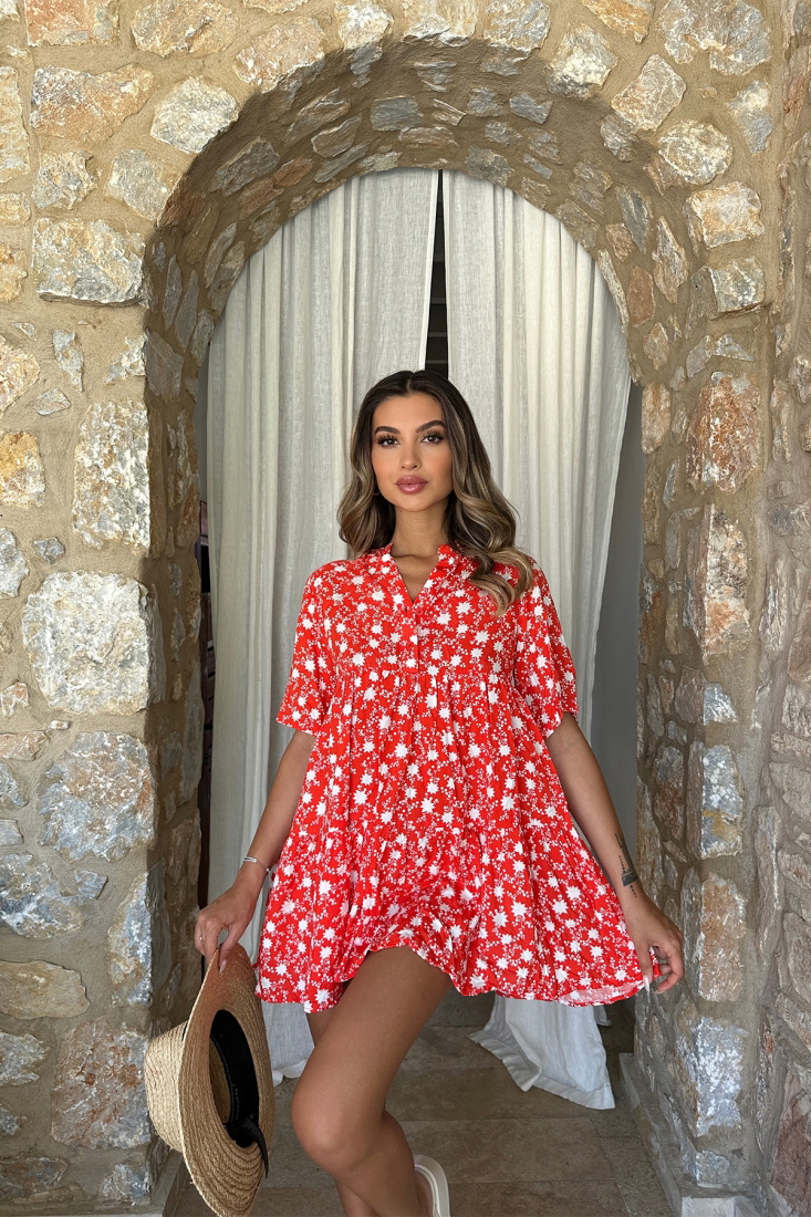 Kırmızı Önü Düğmeli Mini Elbise ATE7246 - EYYO