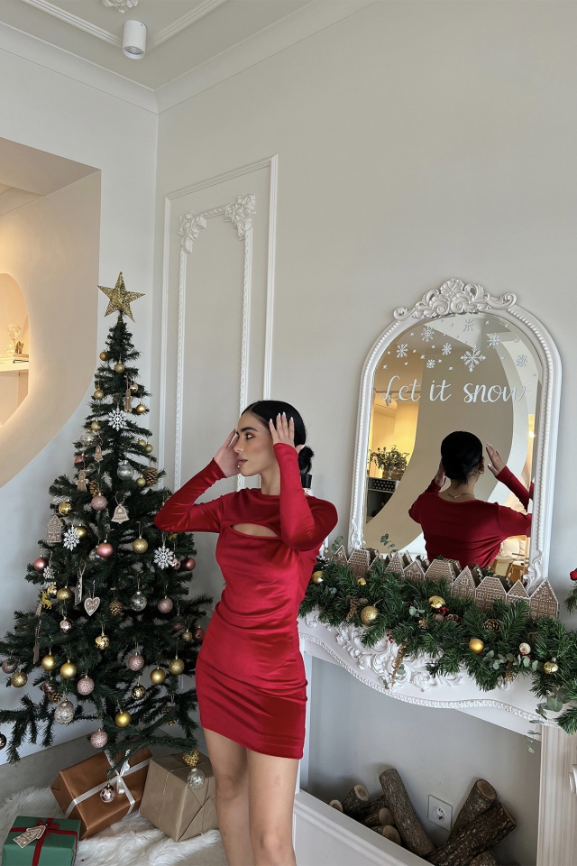 Kırmızı Önü Pencereli Mini Elbise ATE2867 - 4