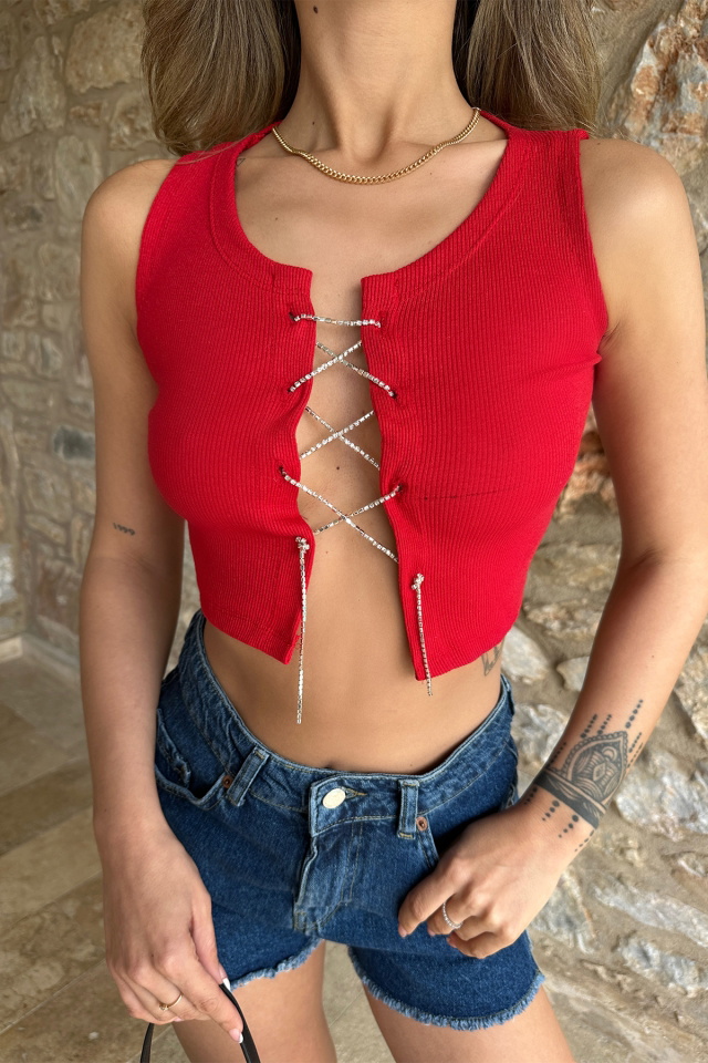 Kırmızı Önü Taşlı Crop Top ATE6419