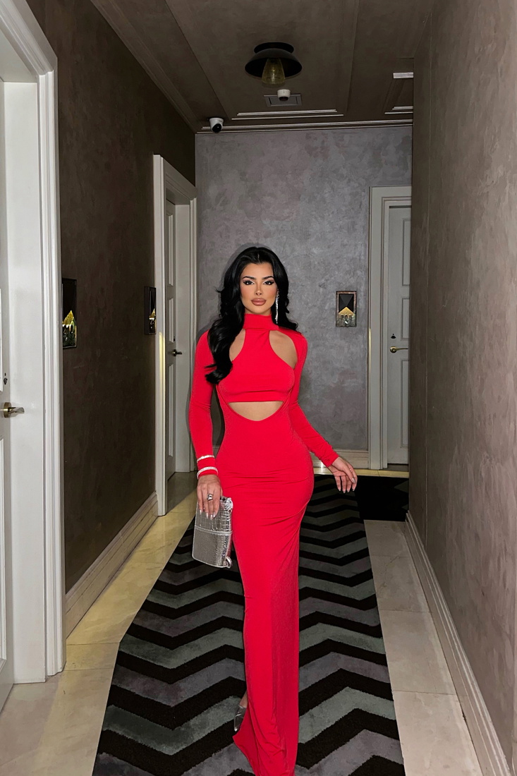 Kırmızı Parıs Pencere Detay Elbise ATE-0911 - EYYO