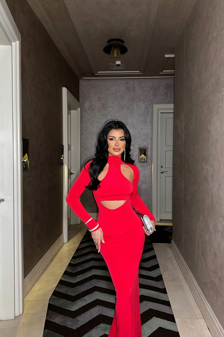 Kırmızı Parıs Pencere Detay Elbise ATE-0911 - EYYO