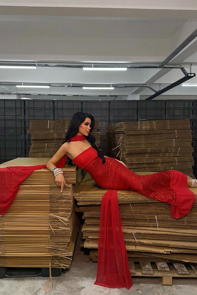 Kırmızı Plunge Payetli Uzun Elbise ATE-4793 - 2