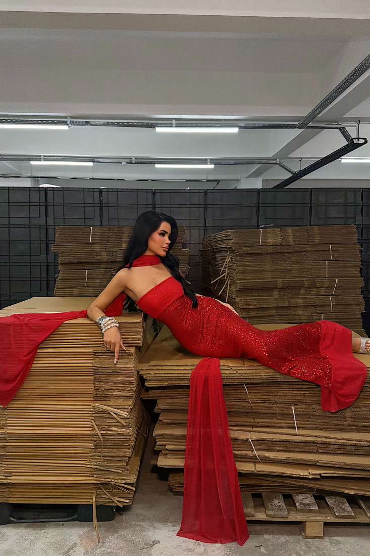 Kırmızı Plunge Payetli Uzun Elbise ATE-4793 - EYYO