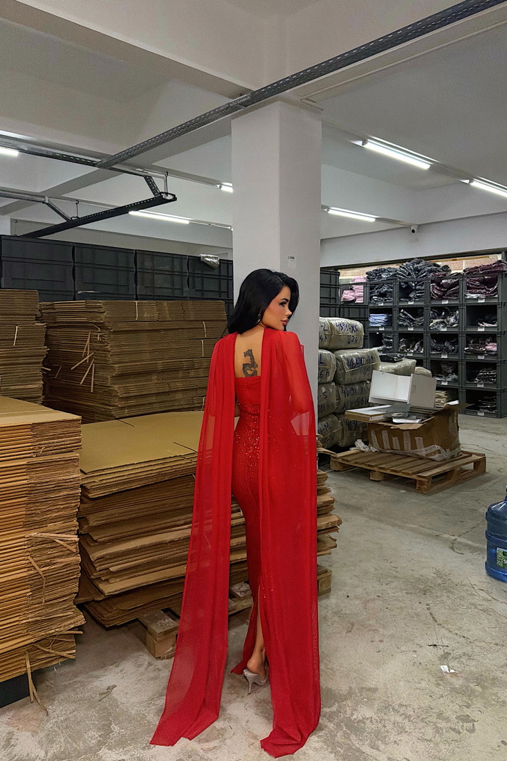 Kırmızı Plunge Payetli Uzun Elbise ATE-4793 - EYYO