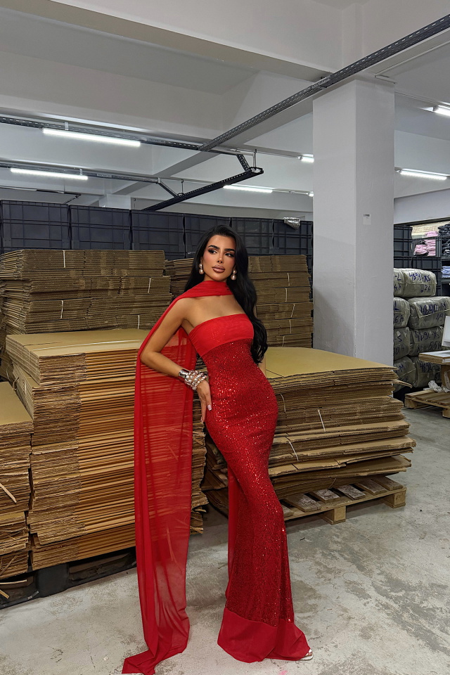 Kırmızı Plunge Payetli Uzun Elbise ATE-4793 - 4