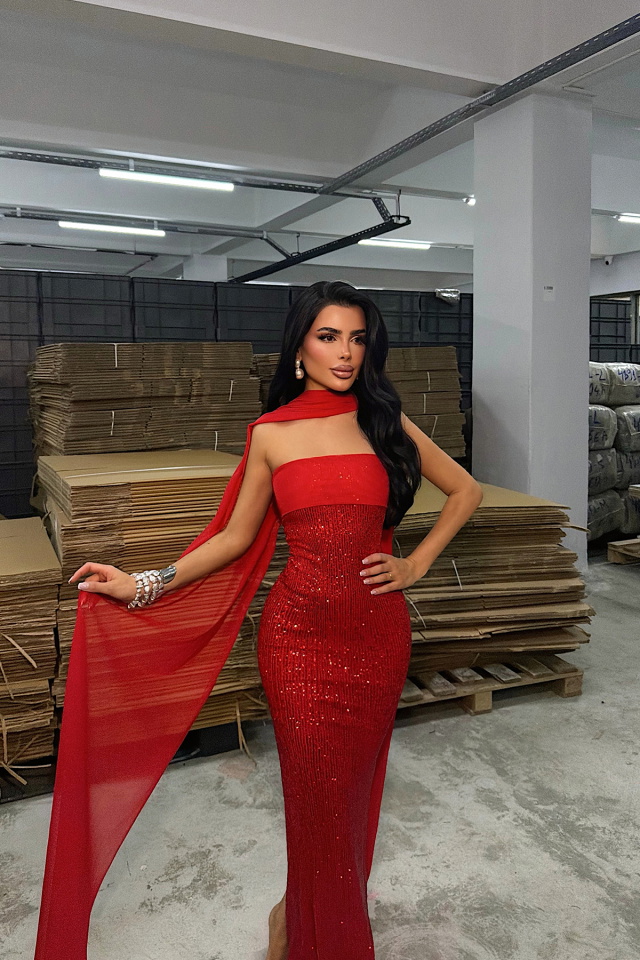 Kırmızı Plunge Payetli Uzun Elbise ATE-4793 - 5