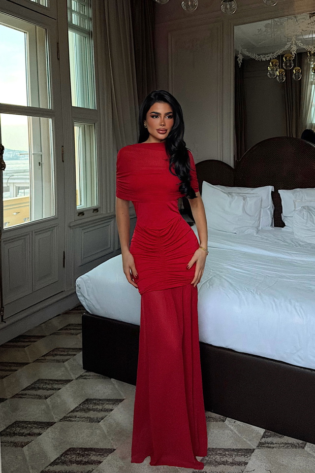 Kırmızı Shannon uzun elbise ATE-4131 - 1