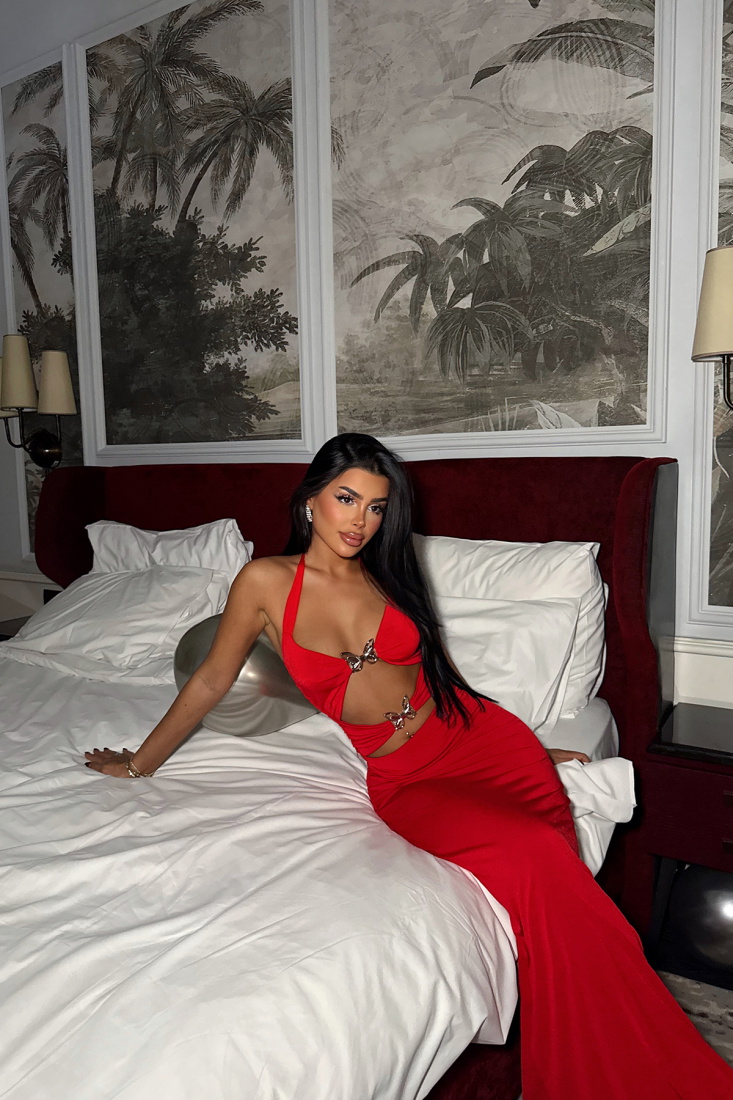 Kırmızı Marseille Kelebek Aksesuarlı Elbise ATE-1437 - EYYO