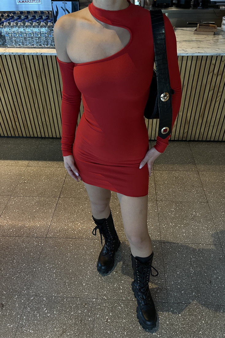 Kırmızı Pencere Detay Fitilli Mini Elbise ATE3312 - EYYO